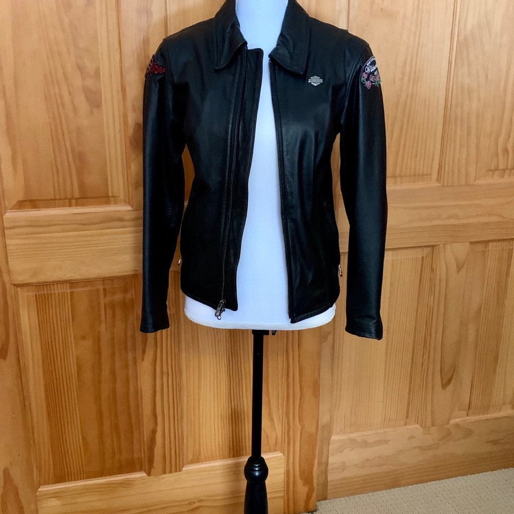 Harley-Davidson Black Leather Jacket-With Patches- Size XS - Picture 3 of 8